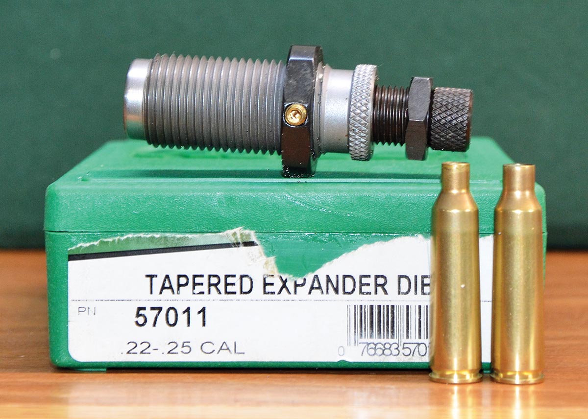 An RCBS expander die was used to open up Lapua 22-250 cases to 25 caliber: a Lapua 22-250 case (left) and a Lapua case necked up to 25 caliber (right).